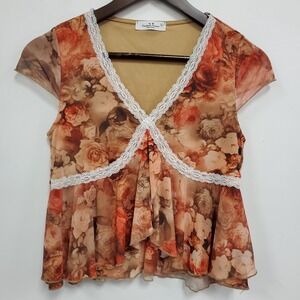 Rebellious Dreamer Womens Y2K Babydoll Top Size L Soft Romantic Floral Lace Trim